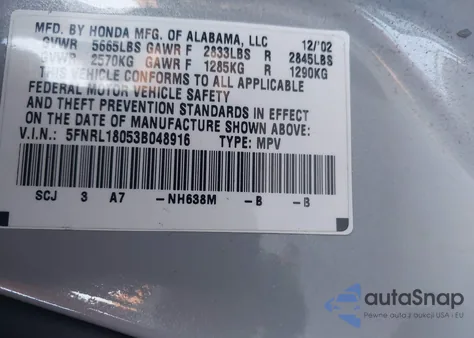 2003 Honda Odyssey Ex-L из США, поврежденный, VIN 5FNRL18053B048916